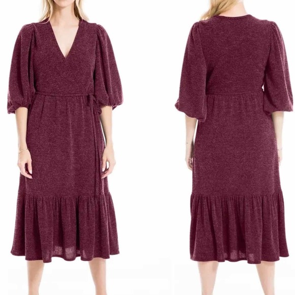 Max Studio Surplice Balloon Sleeve Faux Wrap Midi Dress Size Medium - Picture 1 of 9